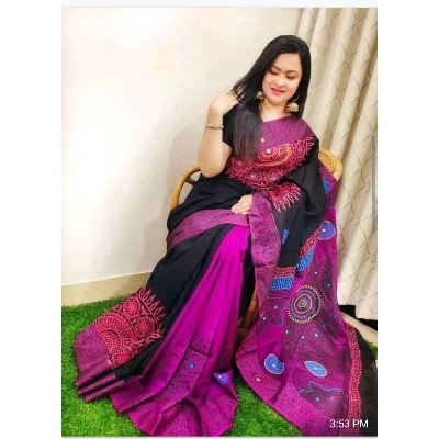 Picture of Block Print Multicolur Saree New Collection Fashionable Stylish and Comfortable, Half Silk Saree For Women
