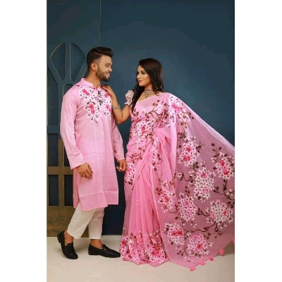 Picture of Pink Hand Print Half Silk Saree and Dupaiyan Panjabi couple Dress for Men and women