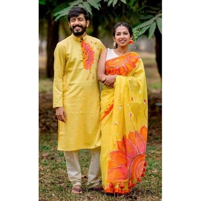 Picture of Yellow Color Hand Print Half Silk Saree and Dupaiyan Panjabi couple Dress for Men and women - Dark Ash