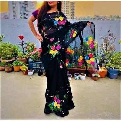 Picture of Hand Print Saree Black Color Collection Fashionable Stylish and Comfortable, Half Silk Saree For Women