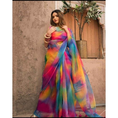 Picture of Hand-Printed Saree from the New Rainbow Colors Collection - Fashionable, Stylish, and Comfortable Half Silk Saree for Women