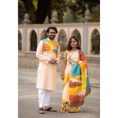 Picture of Multicolor Hand Print Half Silk Saree and Dupaiyan Panjabi couple Dress for Men and women
