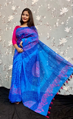 Picture of Premium Quality Half Silk Block Print and Embroidery work Blue Color Saree with Blouse pieces Fashionable Stylish and Comfortable Saree For Women - Green