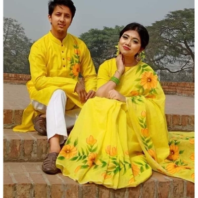 Picture of Yellow Color Hand Print Half Silk Saree and Dupaiyan Panjabi couple Dress for Men and women