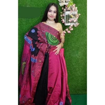 Picture of Block Print Black and Red Saree New Collection Fashionable Stylish and Comfortable, Half Silk Saree For Women