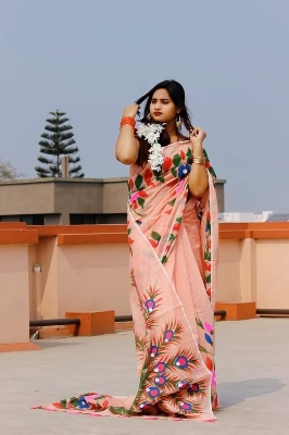 Picture of Hand Print Saree New Pink Colors Collection Fashionable Stylish and Comfortable, Half Silk Saree For Women