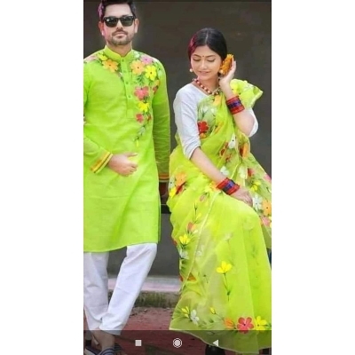 Picture of Lemon Hand Print Half Silk Saree and Dupaiyan Panjabi couple Dress for Men and women