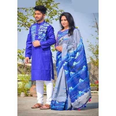 Picture of Blue Hand Print Half Silk Saree and Dupaiyan Panjabi couple Dress for Men and women