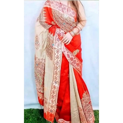 Picture of Block Print Red Saree New Collection Fashionable Stylish and Comfortable, Half Silk Saree For Women