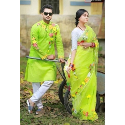 Picture of Lemon Color Hand Print Half Silk Saree and Dupaiyan Panjabi couple Dress for Men and women - Black