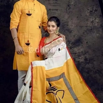 Picture of Orange Hand Print Half Silk Saree and Dupaiyan Panjabi couple Dress for Men and women