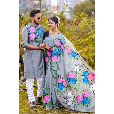 Picture of Ash Hand Print Half Silk Saree and Dupaiyan Panjabi couple Dress for Men and women