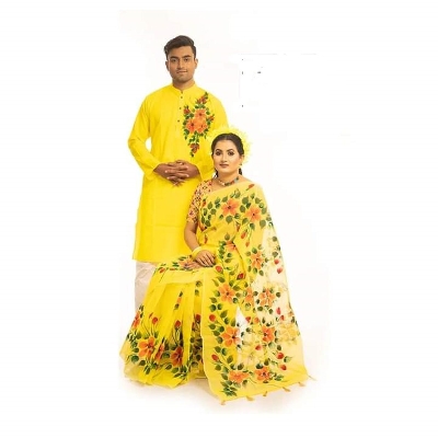 Picture of Yellow Color Hand Print Half Silk Saree and Dupaiyan Panjabi couple Dress for Men and women