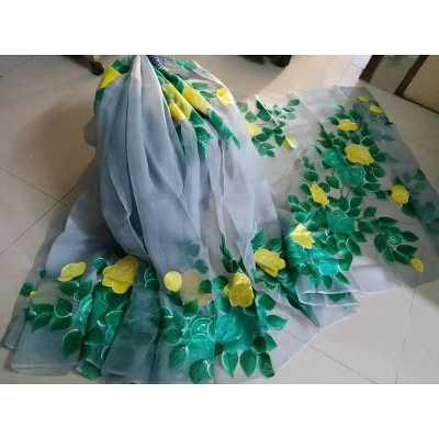 Picture of Hand Print Saree Ash and Green Color Collection Fashionable Stylish and Comfortable, Half Silk Saree For Women