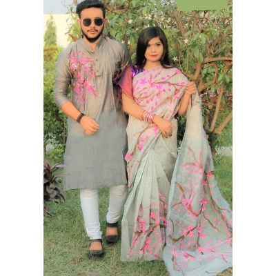 Picture of Ash Hand Print Half Silk Saree and Dupaiyan Panjabi couple Dress for Men and women