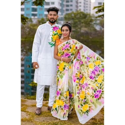 Picture of White Color Hand Print Half Silk Saree and Dupaiyan Panjabi couple Dress for Men and women
