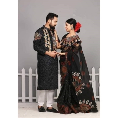 Picture of Black Hand Print Half Silk Saree and Dupaiyan Panjabi couple Dress for Men and women