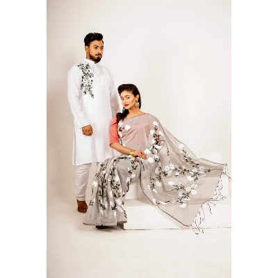 Picture of White Hand Print Half Silk Saree and Dupaiyan Panjabi couple Dress for Men and women