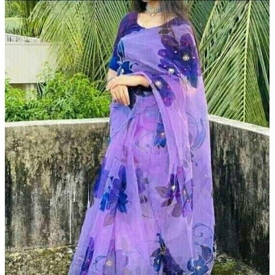 Picture of Hand Print New Excellent Collection Sarees, Fashionable, Stylish and Comfortable, Violet Color Half Silk Saree For Women - Blue