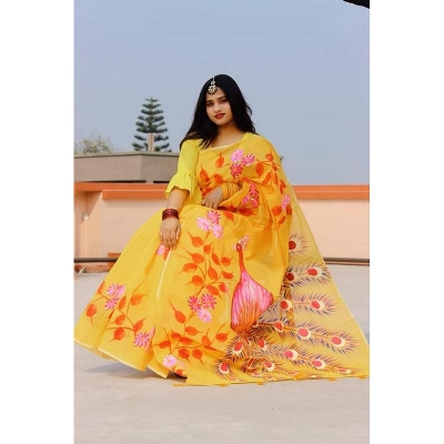 Picture of Hand Print Saree Yellow Color Collection Fashionable Stylish and Comfortable, Half Silk Saree For Women