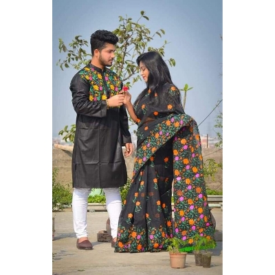 Picture of Black Hand Print Half Silk Saree and Dupaiyan Panjabi couple Dress for Men and women