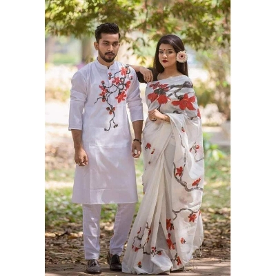 Picture of White Hand Print Half Silk Saree and Dupaiyan Panjabi couple Dress for Men and women