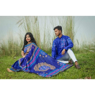 Picture of Blue Block Print Half Silk Saree and Dupaiyan Panjabi couple Dress for Men and women