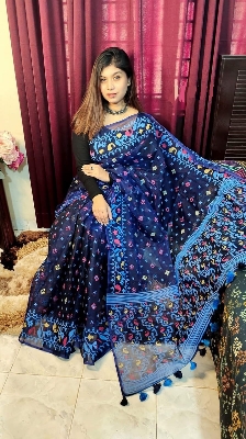 Picture of Screen Print Saree Blue Color Collection Fashionable Stylish and Comfortable, Half Silk Saree For Women - Red