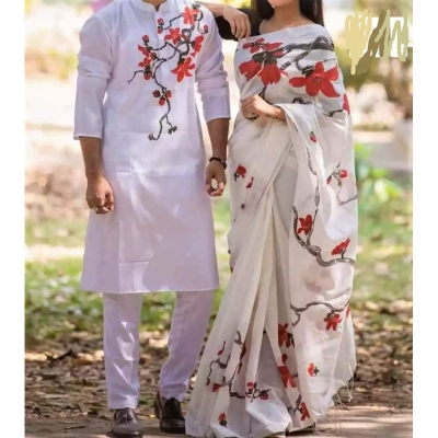 Picture of White Color Hand Print Half Silk Saree and Dupaiyan Panjabi couple Dress for Men and women