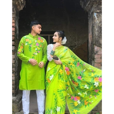 Picture of Lemon Color Hand Print Half Silk Saree and Dupaiyan Panjabi couple Dress for Men and women - Black