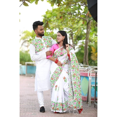 Picture of White Block Print Half Silk Saree and Dupaiyan Panjabi couple Dress for Men and women