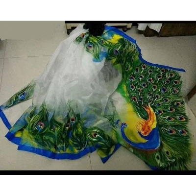 Picture of Hand Print Saree White Color Collection Fashionable Stylish and Comfortable, Half Silk Saree For Women