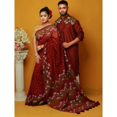 Picture of Maroon Color Hand Print Half Silk Saree and Dupaiyan Panjabi couple Dress for Men and women - Saree For Women