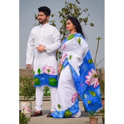 Picture of White Hand Print Half Silk Saree and Dupaiyan Panjabi couple Dress for Men and women - Beating