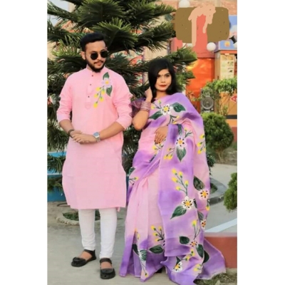 Picture of Pink Color Hand Print Half Silk Saree and Dupaiyan Panjabi couple Dress for Men and women