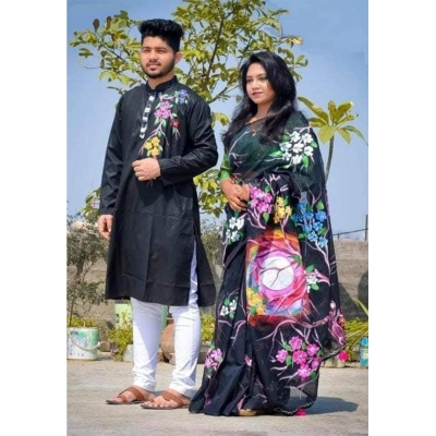 Picture of Black Block Print Half Silk Saree and Dupaiyan Panjabi couple Dress for Men and women - Pink