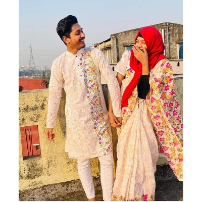 Picture of Multi Color Block Print Half Silk Saree and Dupaiyan Panjabi couple Dress for Men and women