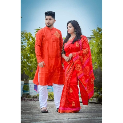 Picture of Red Color Block Print Dhupion Saree and Dupaiyan Panjabi couple Dress for Men and women
