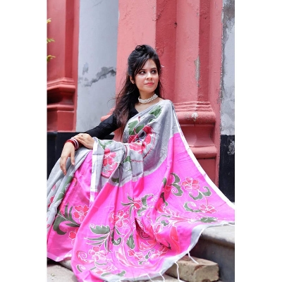 Picture of Hand Print Saree Ash Color Collection Fashionable Stylish and Comfortable, Half Silk Saree For Women