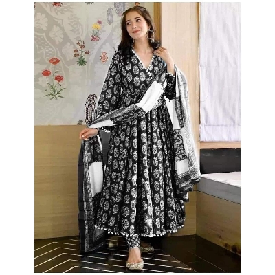 Picture of Readymade Stylish Ladies Dilruba Gown Set Arbit Fabric ambush print Black color Kurti for women - Black