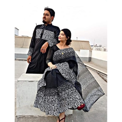 Picture of White Block Print Half Silk Saree and Dupaiyan Panjabi couple Dress for Men and women