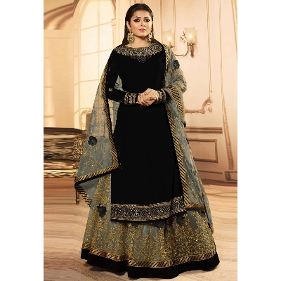 Picture of Semi-stitched Georgette Embroidery Work Free Size Designer - Gown Anarkali Party Wear Suits For Women - Misty