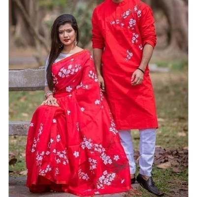 Picture of Red Color Hand Print Half Silk Saree and Dupaiyan Panjabi couple Dress for Men and women - Black