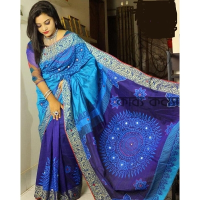 Picture of Dhupion Block Print Black and Green Saree New Collection Fashionable Stylish and Comfortable, Half Silk Saree For Women