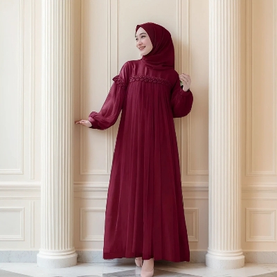 Picture of Maroon Color Hijab Gown Borka - Malai Georgette and Soft Net Fabric, Free Size, Comfortable and Stylish