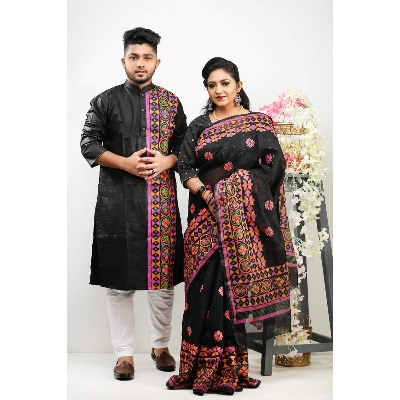 Picture of Black Color Block Print Dhupion Saree and Dupaiyan Panjabi couple Dress for Men and women