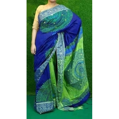 Picture of Block Print Blue Saree New Collection Fashionable Stylish and Comfortable, Half Silk Saree For Women