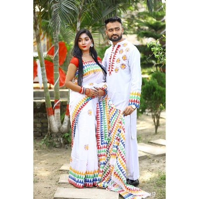 Picture of White Color Block Print Dupion Saree and Dupaiyan Panjabi couple Dress for Men and women