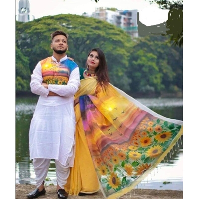 Picture of Multicolor Hand Print Half Silk Saree and Dupaiyan Panjabi couple Dress for Men and women - Beating