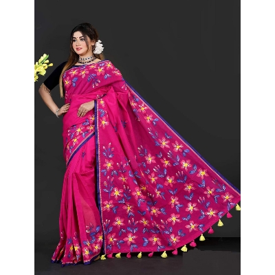 Picture of Hand Print Saree Dark Pink Color Collection Fashionable Stylish and Comfortable, Half Silk Saree For Women
